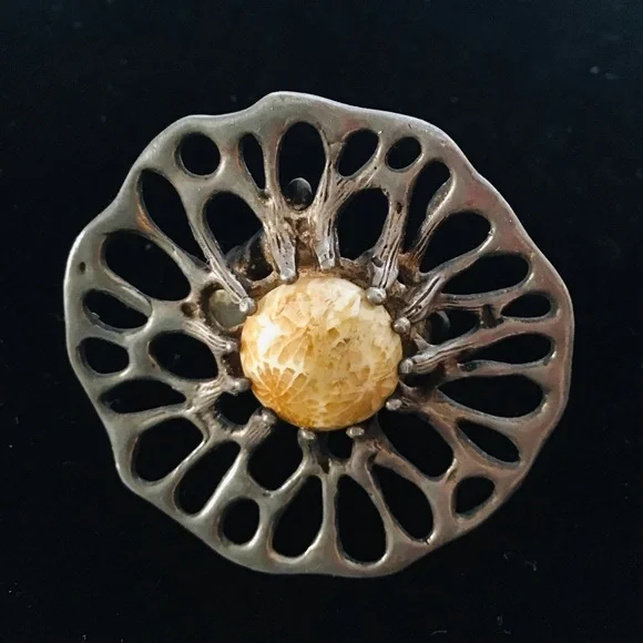 Vintage mid Century Modern Brutalist Fossil Stone Ring - Picture 8 of 14